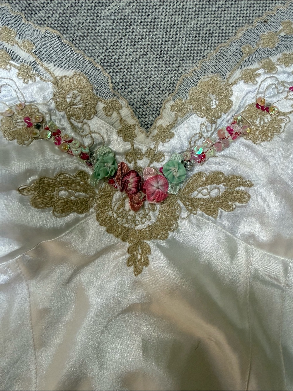 Ivory Satin Slip with Gold Lace Trim and Floral Embellishments